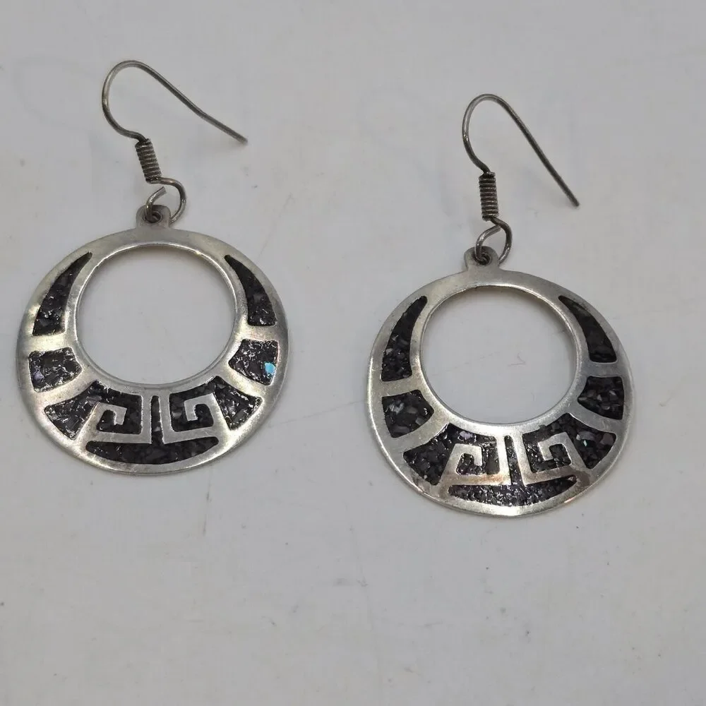 Vintage Mexico Sterling Silver Abalone Chip Inlay Earrings Boho Dangle
